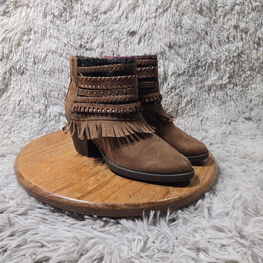 Mudd Women Brown Western Fringe Ankle Boot Zip Buckle Boho Faux Leather Sz 8-9.5